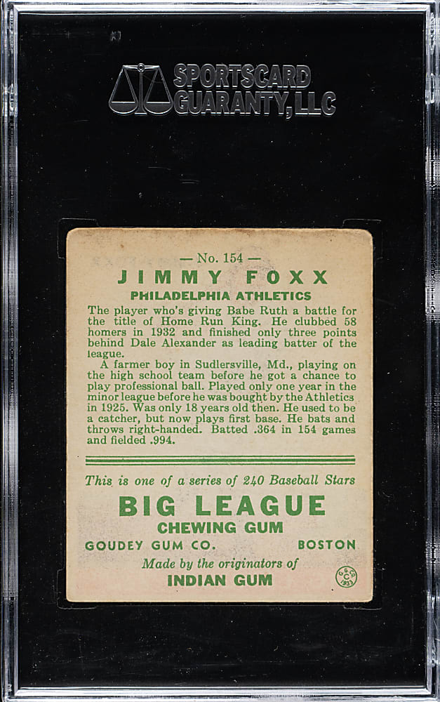 1933 R319 Goudey #154 Jimmie Foxx SGC GOOD+ 2.5