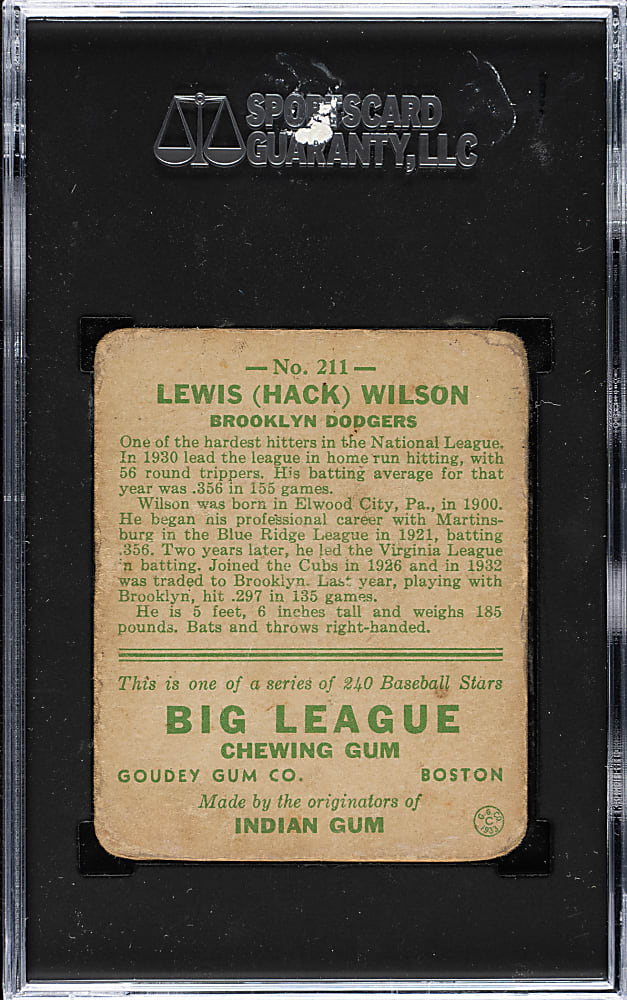 1933 R319 Goudey #211 Hack Wilson SGC FAIR 1.5