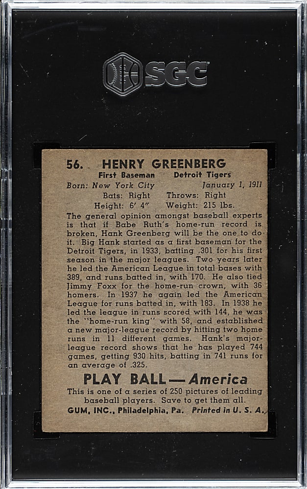 1939 R334 Play Ball #56 Hank Greenberg SGC VG/EX 4