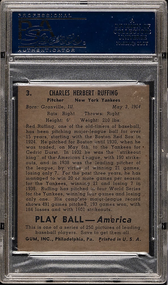 1939 R334 Play Ball #3 Red Ruffing PSA EX 5