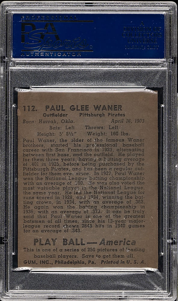 1939 R334 Play Ball #112 Paul Waner PSA EX 5