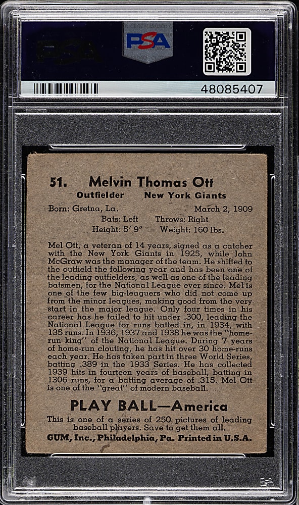 1939 R334 Play Ball #51 Mel Ott PSA GOOD+ 2.5