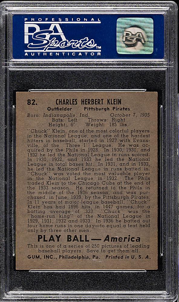 1939 R334 Play Ball #82 Charles Klein PSA NM 7