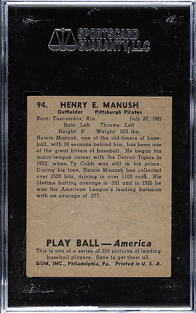 1939 R334 Play Ball #94 Heinie Manush SGC EX 60
