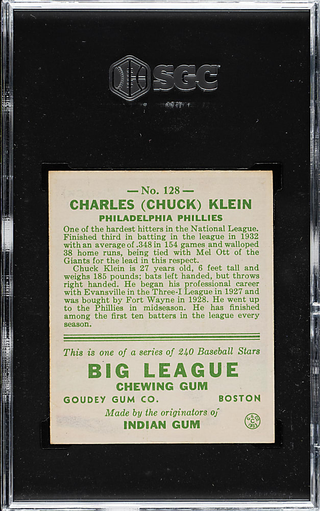 1933 R319 Goudey #128 Chuck Klein SGC SGC EX+ 5.5