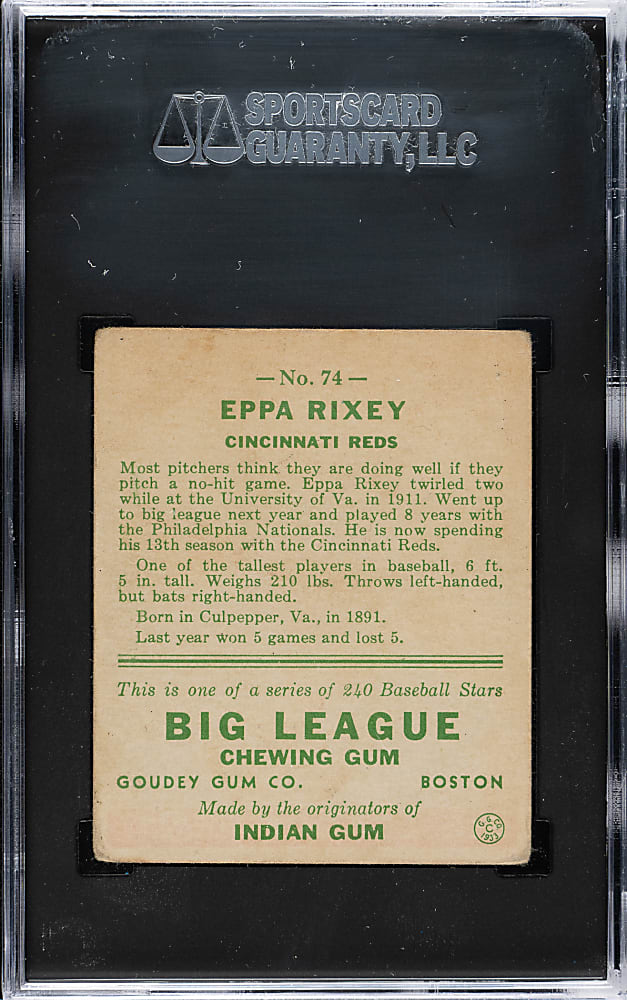 1933 R319 Goudey #74 Eppa Rixey SGC GOOD 2