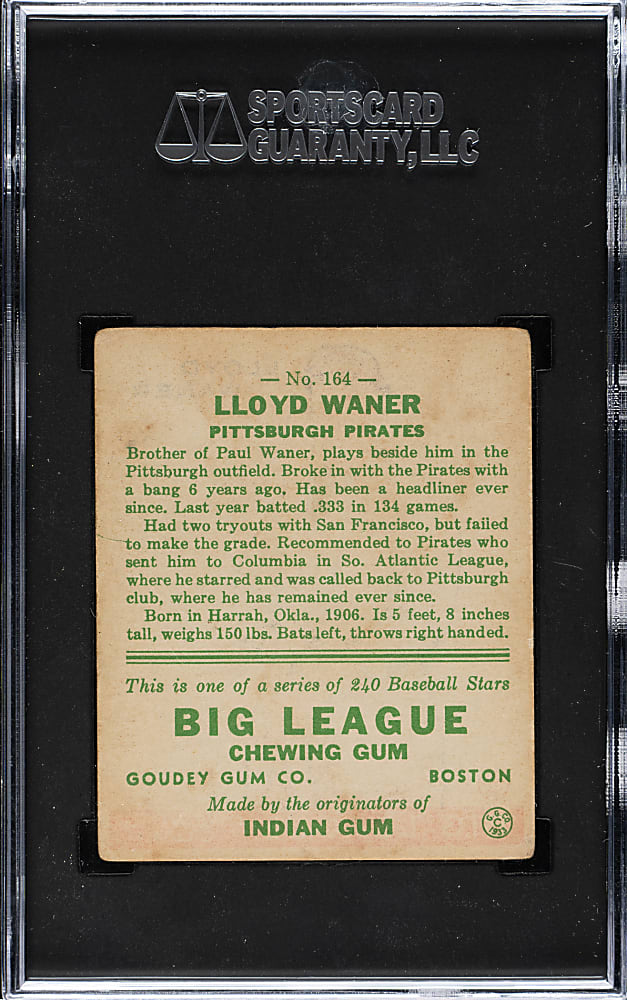 1933 R319 Goudey #164 Lloyd Waner SGC GOOD 2