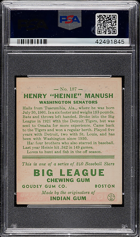 1933 R319 Goudey #187 Heinie Manush PSA VG 3