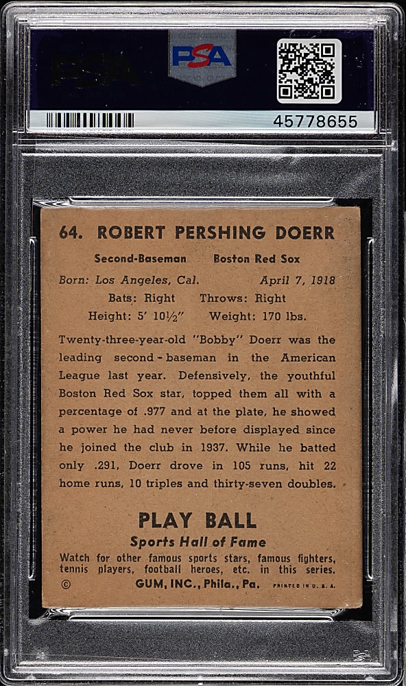 1941 R336 Play Ball #64 Bobby Doerr PSA VG 3