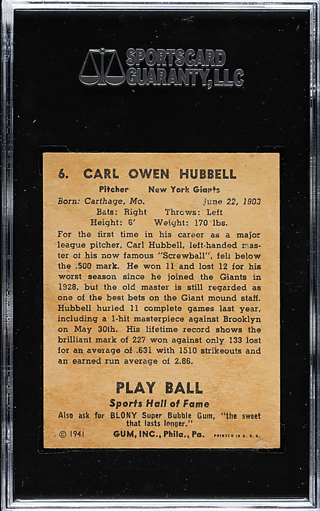 1941 R336 Play Ball #6 Carl Hubbell SGC VG 3