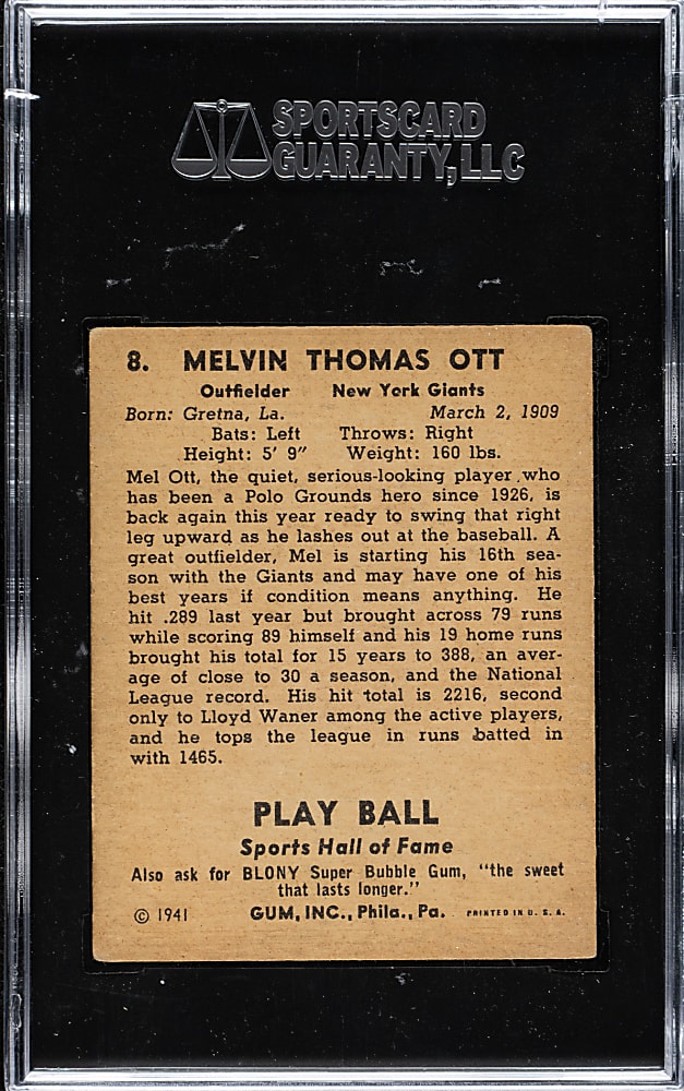 1941 R336 Play Ball #8 Mel Ott SGC VG 3