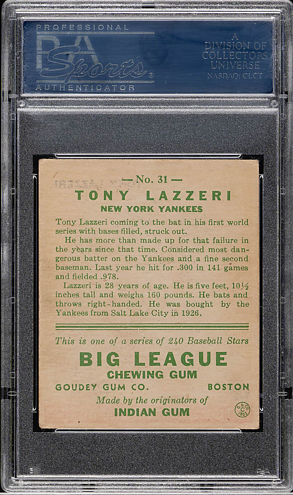 1933 R319 Goudey #31 Tony Lazzeri PSA GOOD 2