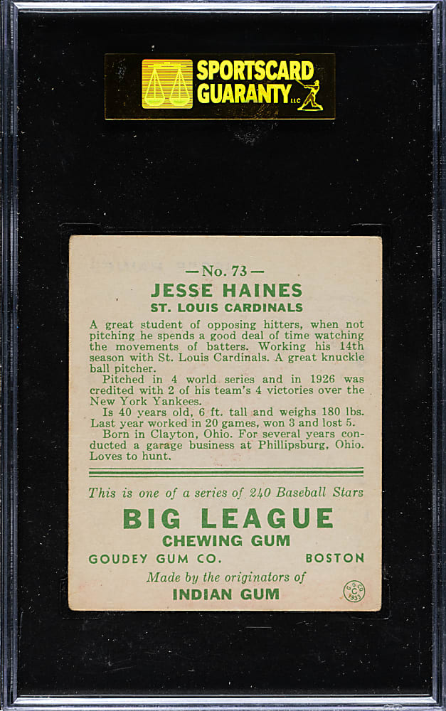 1933 R319 Goudey #73 Jesse Haines SGC VG 40
