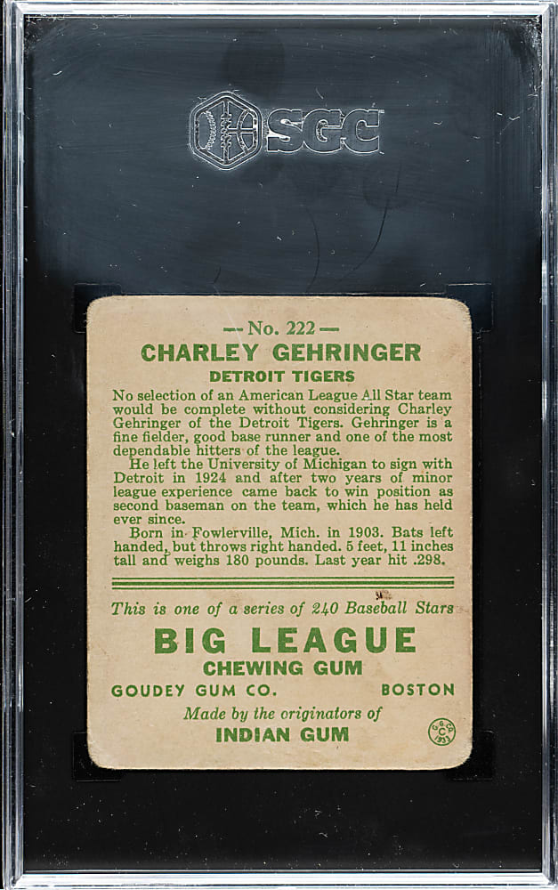 1933 R319 Goudey #222 Charley Gehringer SGC GOOD 2