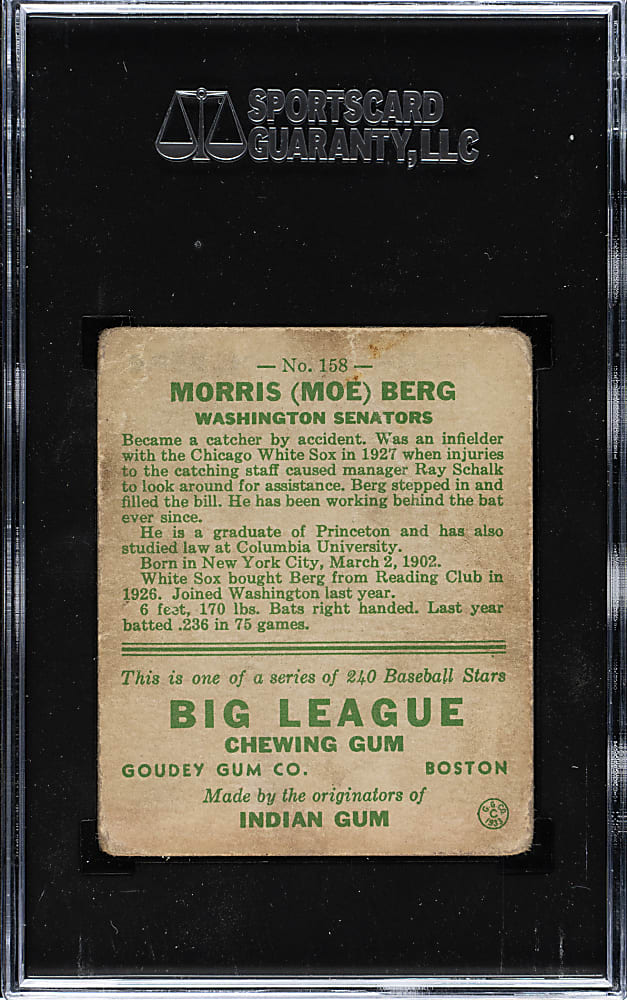 1933 R319 Goudey #158 Moe Berg SGC FAIR 1.5