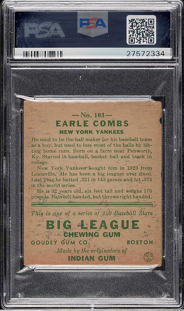1933 R319 Goudey #103 Earle Combs PSA VG-EX 4 (MK)