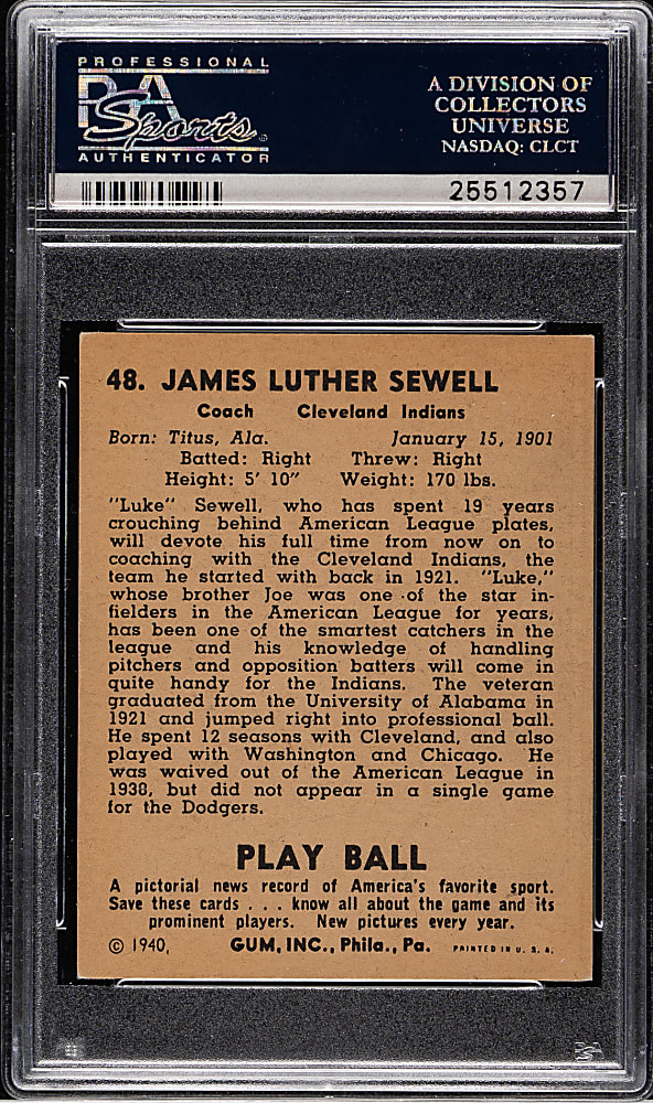 1940 R335 Play Ball #48 Luke Sewell PSA EX-MT 6
