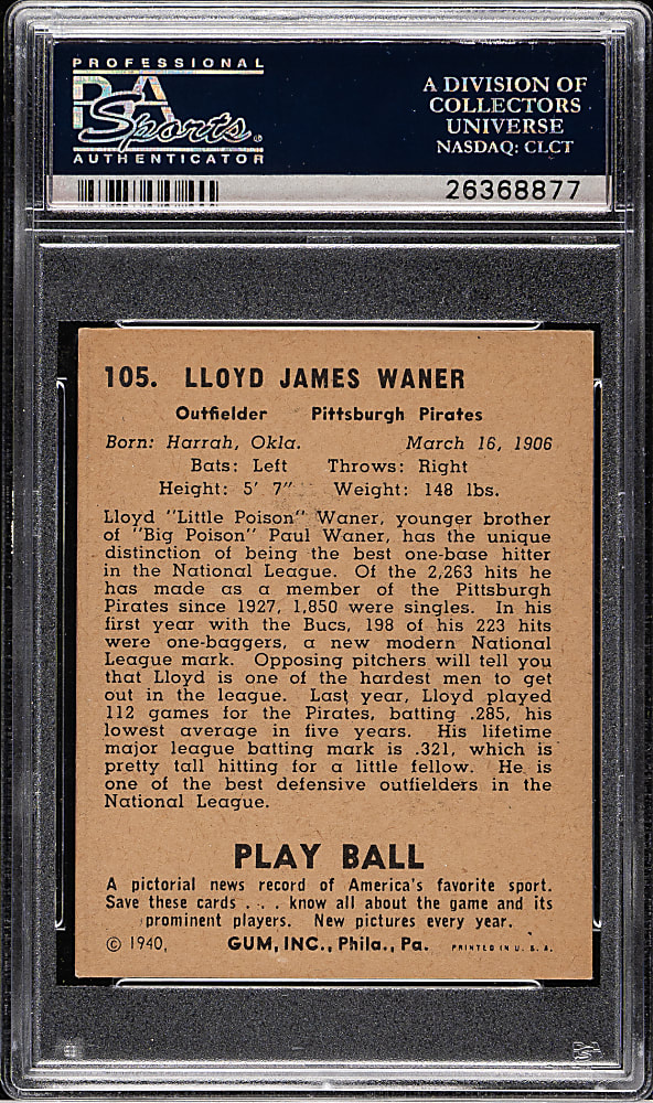 1940 R335 Play Ball #105 Lloyd Waner PSA EX 5