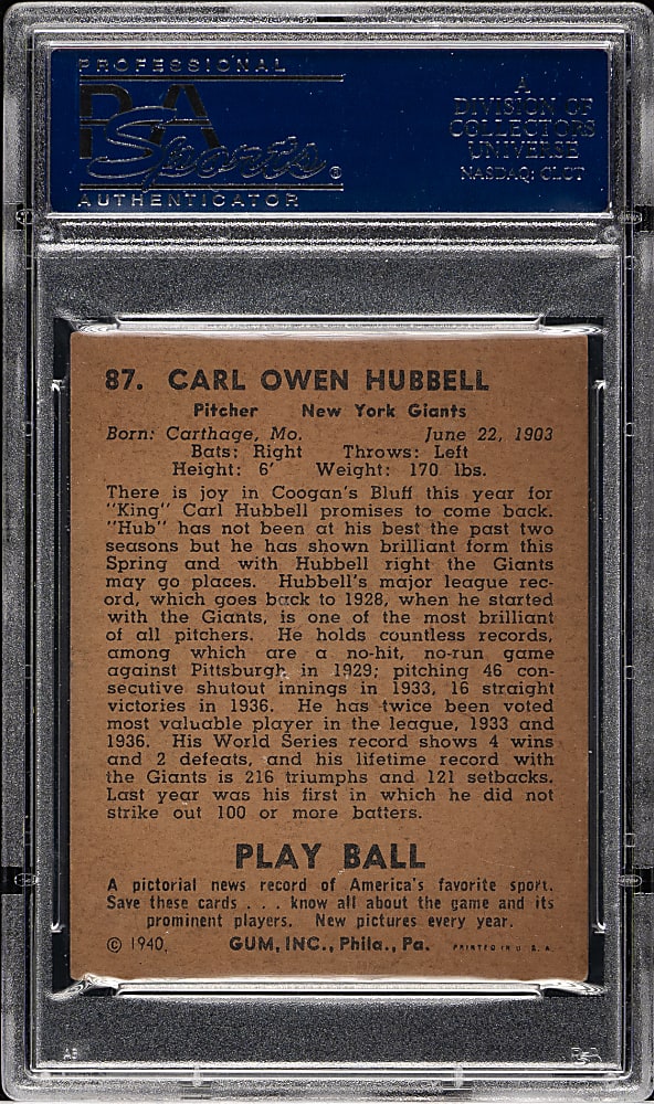 1940 R335 Play Ball #87 Carl Hubbell PSA VG-EX+ 4.5