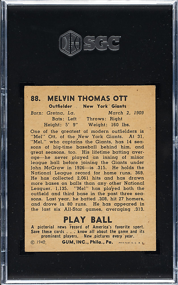 1940 R335 Play Ball #88 Mel Ott SGC EX 5