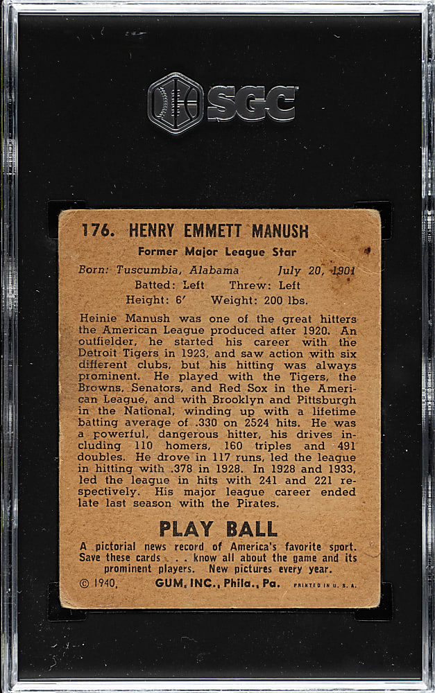 1940 R335 Play Ball #176 Heinie Manush SGC FAIR 1.5