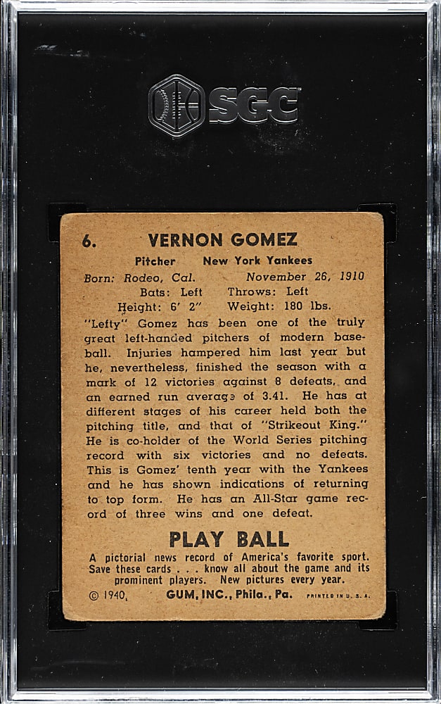 1940 R335 Play Ball #6 Lefty Gomez SGC VG 3