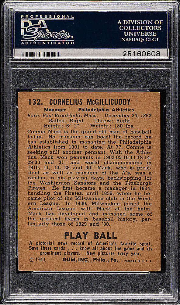 1940 R335 Play Ball #132 Connie Mack PSA VG-EX 4