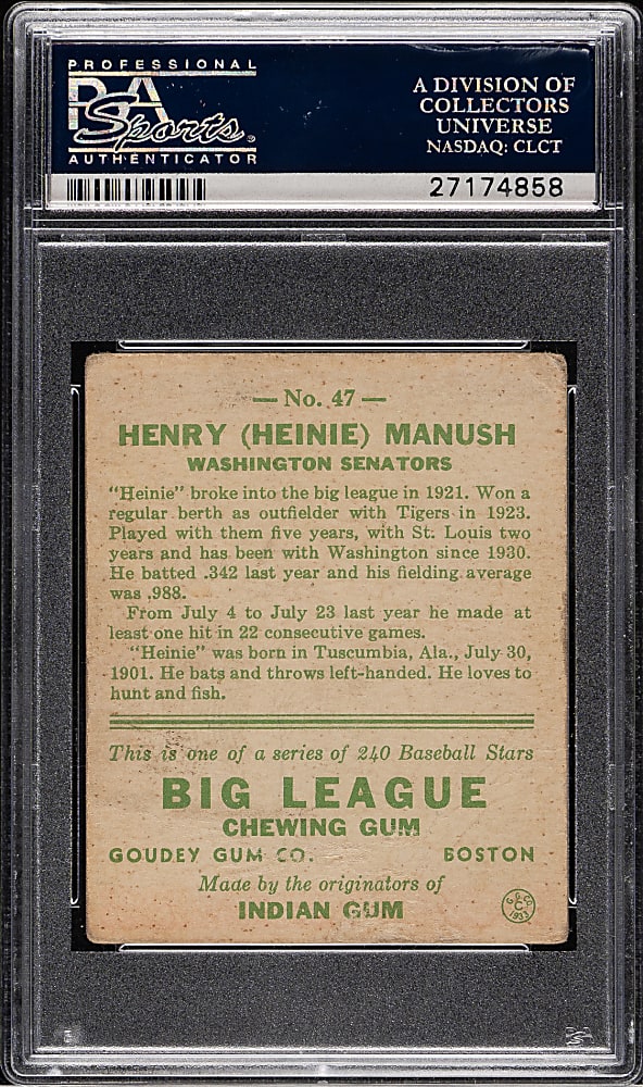 1933 R319 Goudey #47 Heinie Manush PSA FAIR 1.5 (MK)