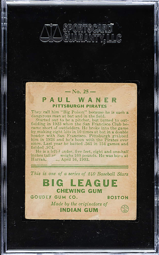 1933 R319 Goudey #25 Paul Waner SGC FAIR 20