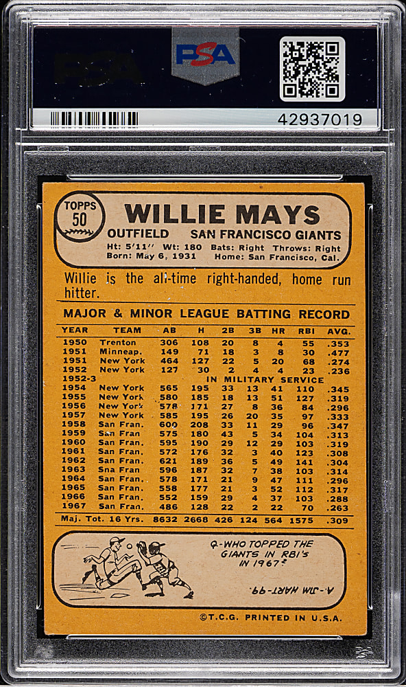 1968 Topps #50 Willie Mays PSA VG-EX 4