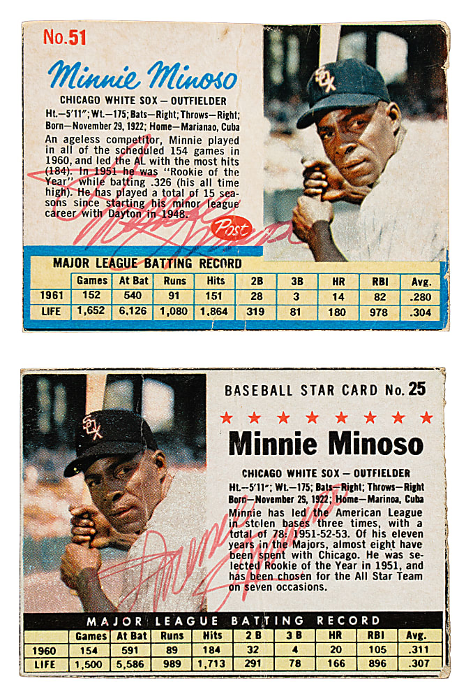 Signed 1961 and 1962 Post Cereal Minnie Minoso Pair