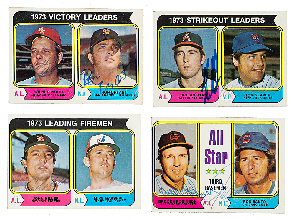 Signed 1974 Topps Leaders Collection (4) Including Ryan, Seaver, Santo, and B. Robinson