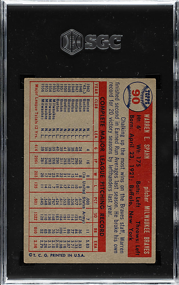 1957 Topps #90 Warren Spahn SGC VG/EX 4
