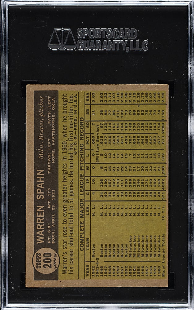 1961 Topps #200 Warren Spahn SGC EX/NM 6