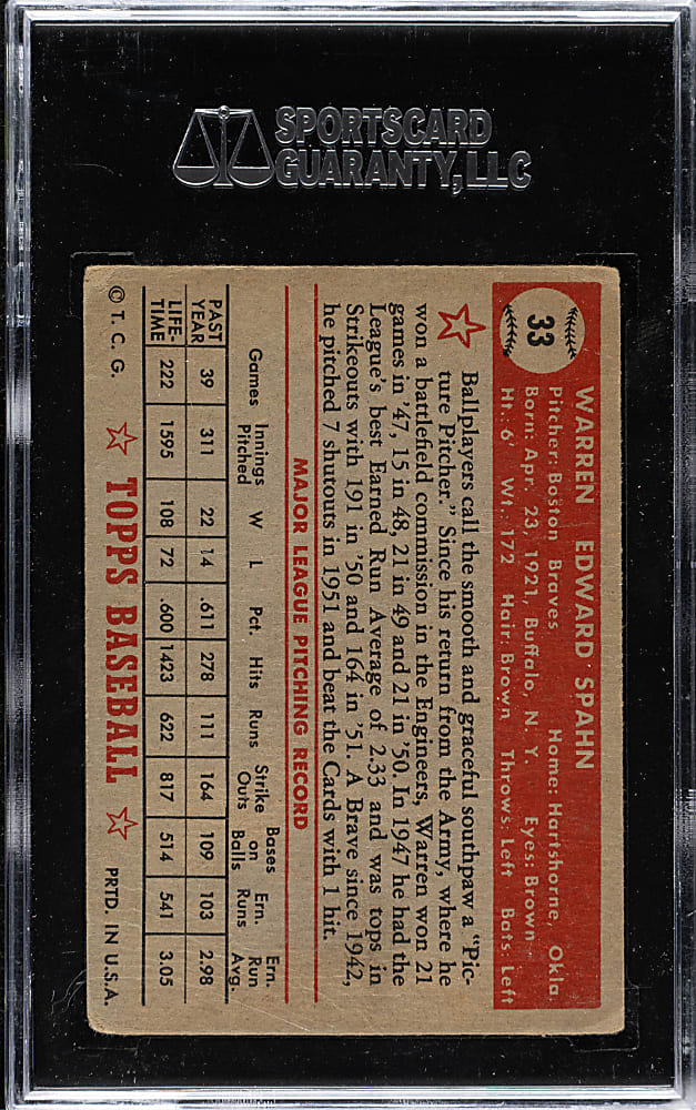 1952 Topps #33 Warren Spahn SGC GOOD 30