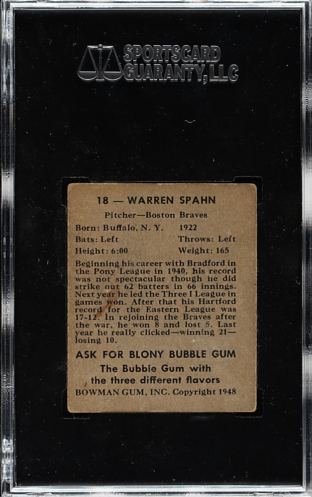 1948 Bowman #18 Warren Spahn Rookie SGC VG 40