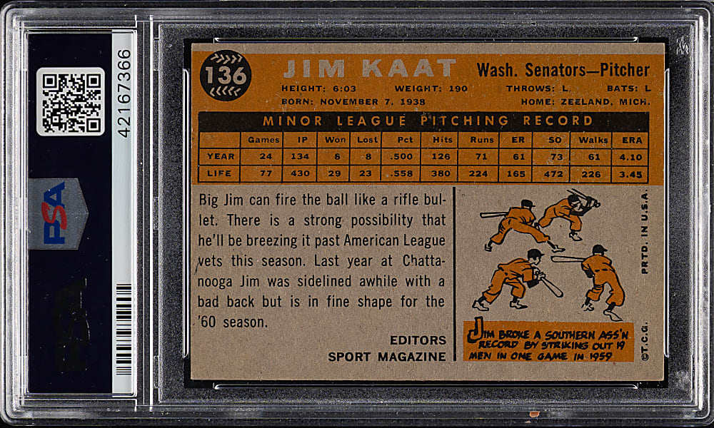 1960 Topps #136 Jim Kaat Rookie PSA EX-MT 6