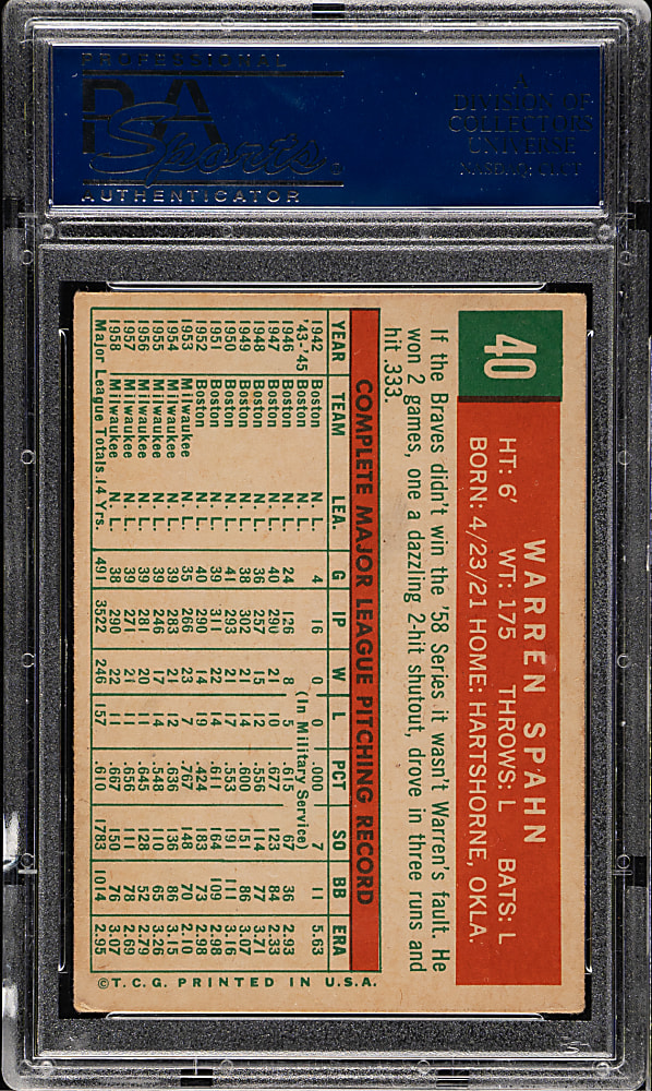 1959 Topps #40 Warren Spahn PSA EX 5