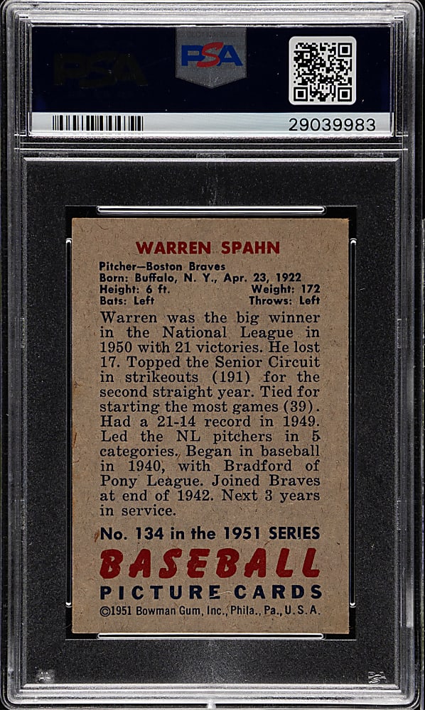 1951 Bowman #134 Warren Spahn PSA VG-EX 4