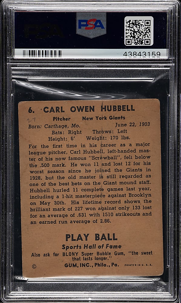 Signed 1941 R336 Play Ball #6 Carl Hubbell - PSA/DNA