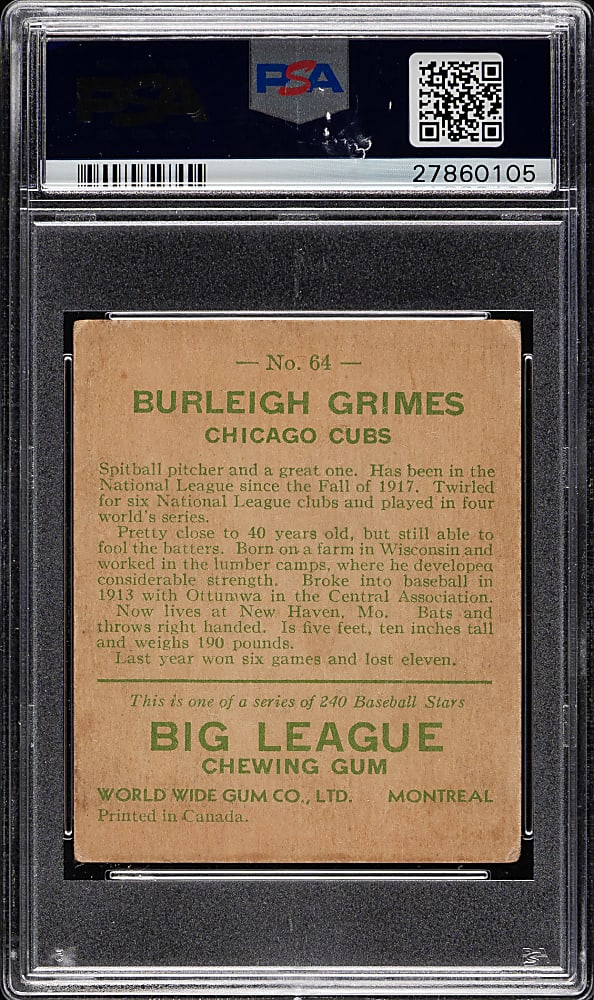 1933 V353 World Wide Gum Canadian Goudey #64 Burleigh Grimes PSA VG+ 3.5