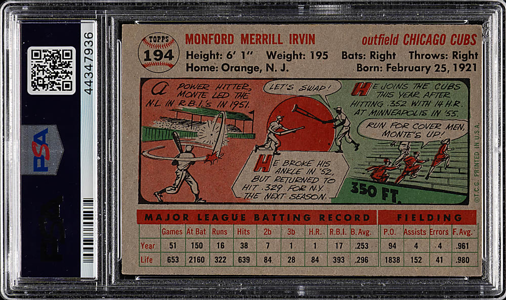 1956 Topps #194 Monte Irvin PSA EX-MT 6