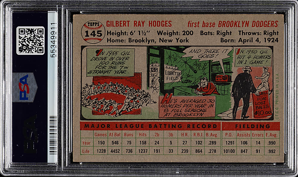 1956 Topps #145 Gil Hodges Gray Back PSA VG-EX 4