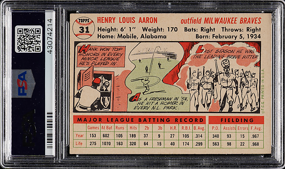 1956 Topps #31 Hank Aaron White Back PSA VG-EX 4