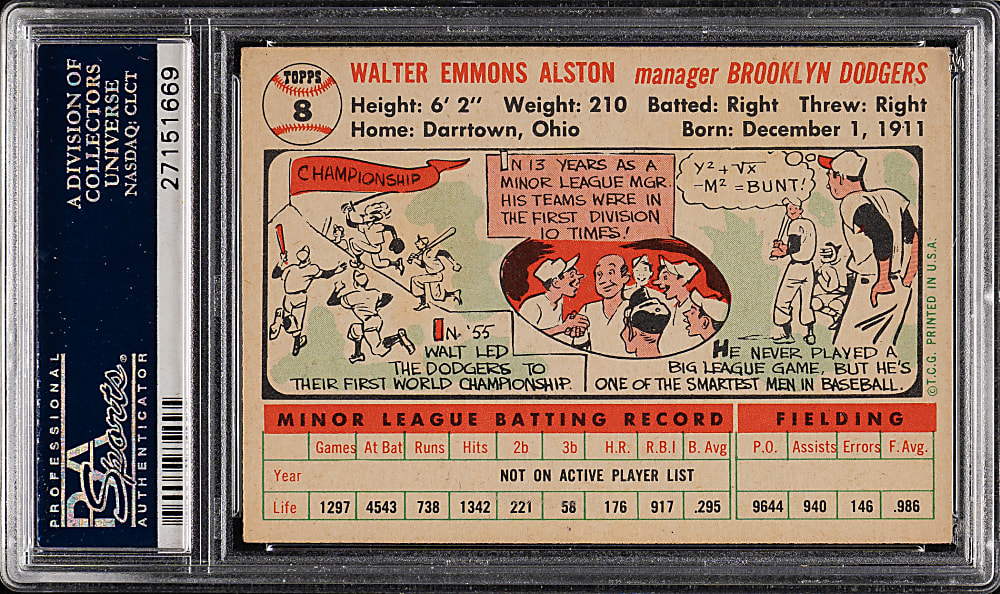 1956 Topps #8 Walter Alston White Back PSA VG-EX 4