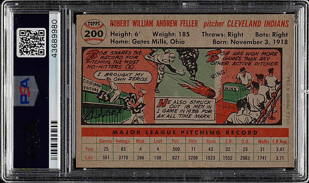 1956 Topps #200 Bob Feller PSA VG 3