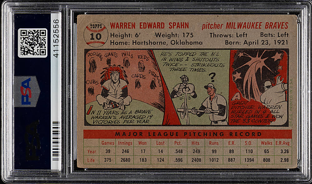 1956 Topps #10 Warren Spahn Gray Back PSA VG 3
