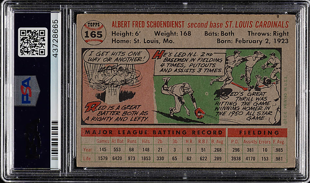 1956 Topps #165 Red Schoendienst Gray Back PSA VG-EX+ 4.5