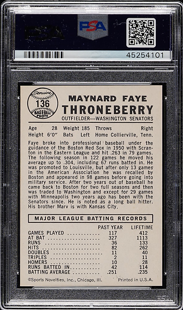 1960 Leaf #136 Faye Throneberry PSA MINT 9