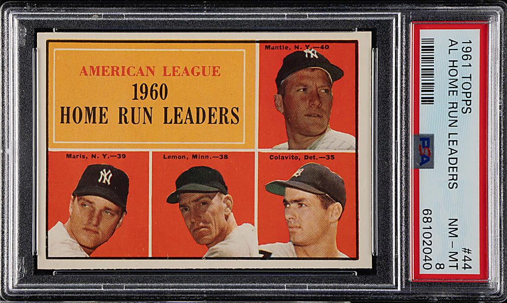 1961 Topps #44 AL Home Run Leaders with Mickey Mantle and Roger Maris PSA NM-MT 8
